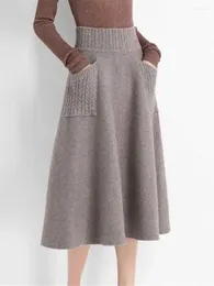 Jupes 2023 automne hiver chaud laine tricot longue femmes taille haute avec poche lâche femme solide tricot mi-mollet jupe M138