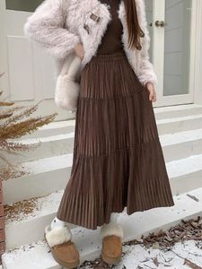 Rokken 2023 Herfst Winter Gerimpelde Plooirok Vrouwen Fluwelen Koreaanse Vintage Hoge Taille Mid Lange Midi Falda Plisada