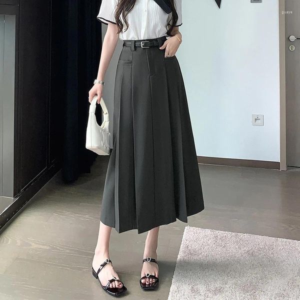 Faldas 2023 otoño traje casual mujeres coreanas moda alta cintura una línea falda plisada damas elegante gris largo