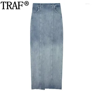 Faldas 2023 falda de mezclilla azul mujer cintura alta larga para mujeres streetwear otoño midi con hendidura jean