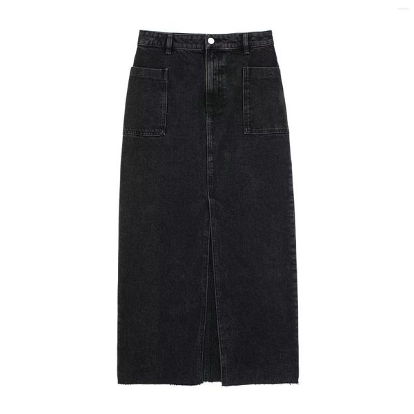 Jupes 2023 décontracté maigre Denim fente conception jupe automne dames noir poche taille haute Midi Jean hanche Wrap pour les femmes