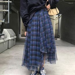 Rokken 2023 Cekcya Koreaanse Stijlvolle Maxi Rok Voor Jonge Dames Elegante Vrouwen Plaid Hoge Taille Onregelmatige Tule Vrouwelijke Steetwear