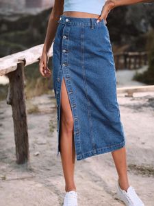 Rokken 2023 denim damesknop onregelmatige split maxi hoge taille midi lengte elegante rechte rok retro plaid