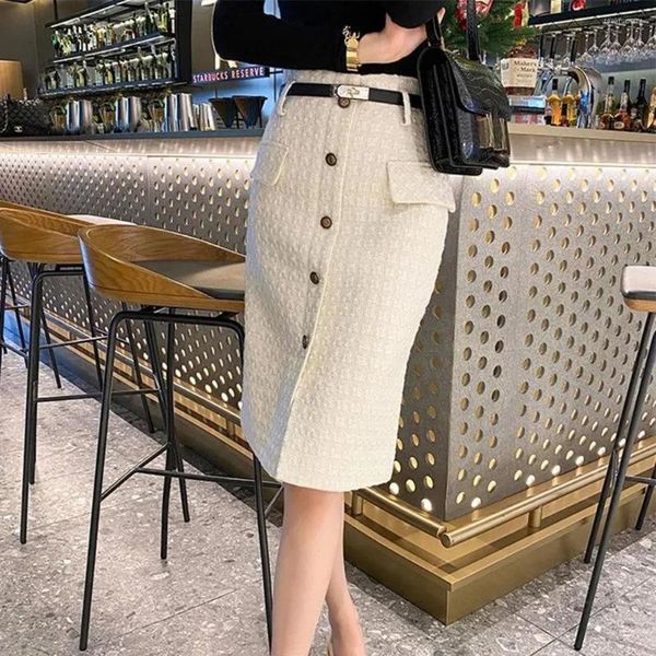 Faldas 2023 elegante oficina damas falda de tweed otoño invierno moda alta cintura mujeres de negocios coreano sexy bolsa cadera un paso