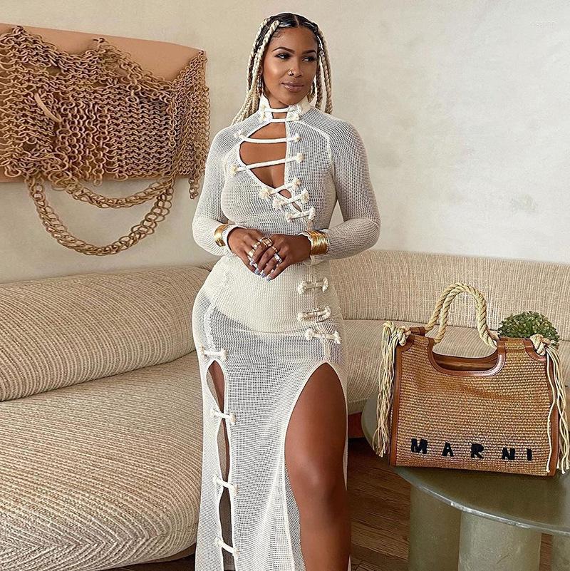 Skirts 2023 Fall Party Clubwear White Mesh Splice Long Sleeve Hollow Out Bodycon Dress Sexy High Split Maxi Dresses For Women