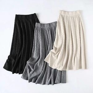 Jupes 2023 mode automne hiver tricoté Midi longue jupe plissée femmes Style coréen noir gris mi-long taille haute femme JH86