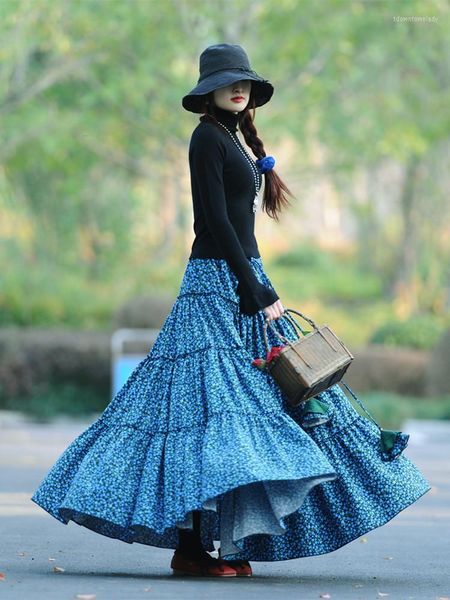 Faldas 2023 moda larga Maxi línea A cintura elástica mujer Otoño e Invierno S-2XL estampado de pana dobladillo grande azul