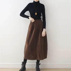 Faldas 2023 moda larga media pantorrilla A-line para mujeres cintura elástica otoño falda de pana invierno negro y marrón