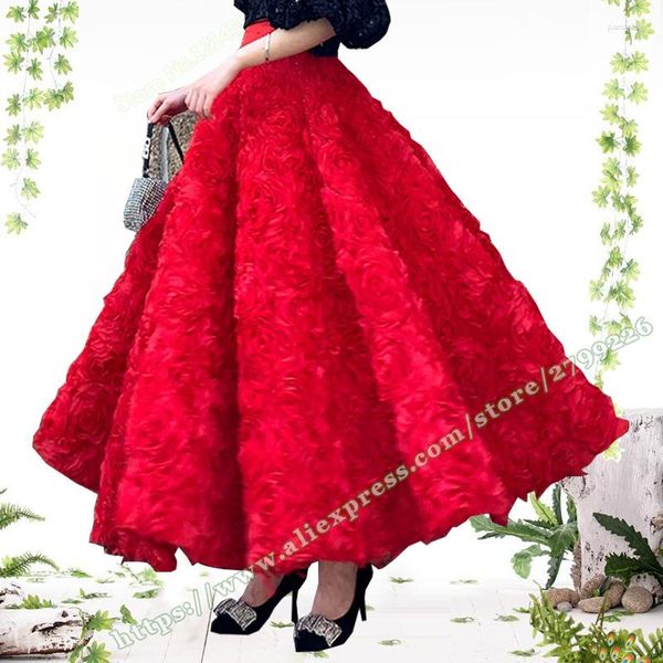 Faldas 2023 Fiesta de noche de alta calidad Red 3D Rose Paraguas tridimensional Big Hem Sun Long Maxi Falda para mujer