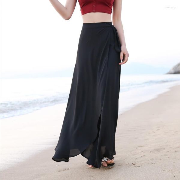 Jupes 2023 taille haute femmes en mousseline de soie longue été Boho Maxi jupe réglable plage noir blanc rouge