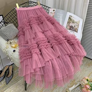 Jupes 2023 irrégulière maille gâteau jupe femmes mode élastique taille haute douce princesse fête à plusieurs niveaux Tulle Midi femme vêtements