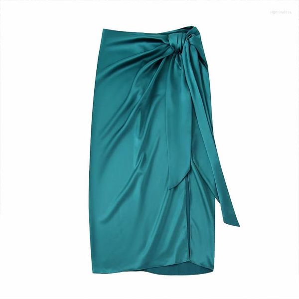 Jupes 2023 jupe mi-longue en satin de soie nouée asymétrique Vintage a-ligne Streetwear sarong taille haute 221127