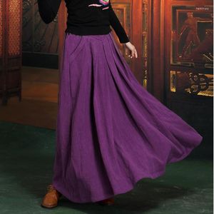 Jupes 2023 longue Maxi coton lin automne et hiver jupe pour femmes M-XL taille élastique violet vert épais