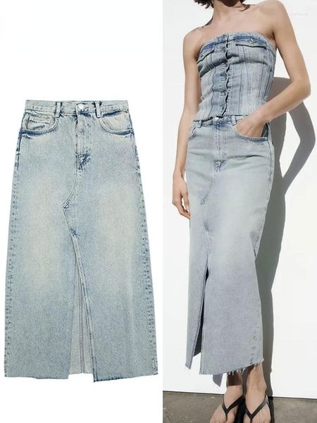 Jupes 2023 Midi Maxi Printemps Faded Slit Vintage Front Split Casual Plain Denim Jupe Femmes Taille Haute PBra