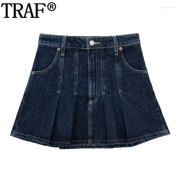 Jupes 2023 Denim bleu plissé pour femmes taille moyenne Mini Jean femme Y2k Streetwear automne jupe courte