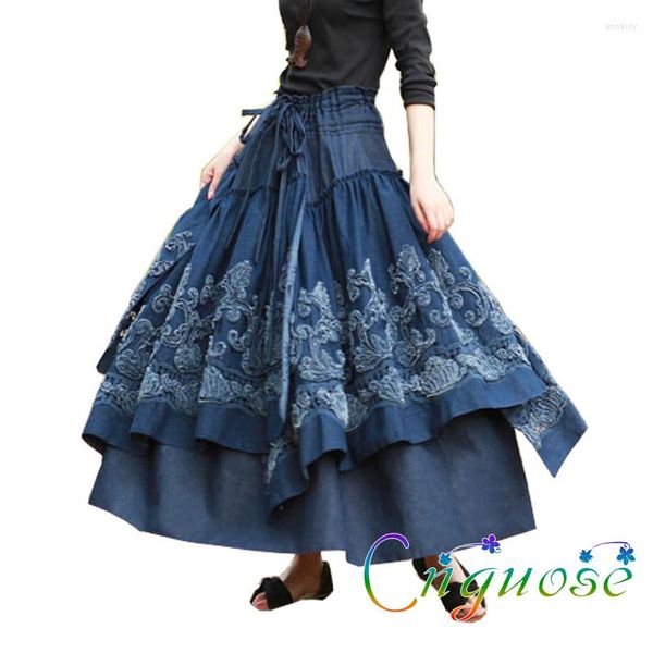 Jupes 2023 grande taille 6XL automne hiver rétro femme jupe conceptions Lolita Vintage décontracté 3D fleurs Tutu Denim Jeans longues femmes