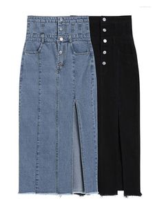 Röcke 2023 Retro Koreanische Stil Bandage Lange Denim Hohe Taille Knopf Taschen Split Vintage Hippie Jeans Gerade