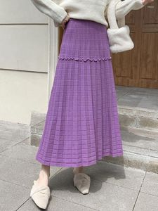 Jupes 2023 Romantique violet tricoté longues femmes automne hiver élégant solide une ligne haute taille plissée plaid midi jupe féminine