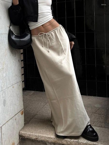 Jupes 2023 Satin lâche à lacets jupe noire longue pour les femmes décontracté taille haute femme solide élégant rue Falda Midi Mujer
