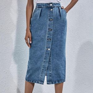 Jupes 2023 simple boutonnage genou longueur jupe en jean femmes streetwear décontracté poche taille haute jean droit