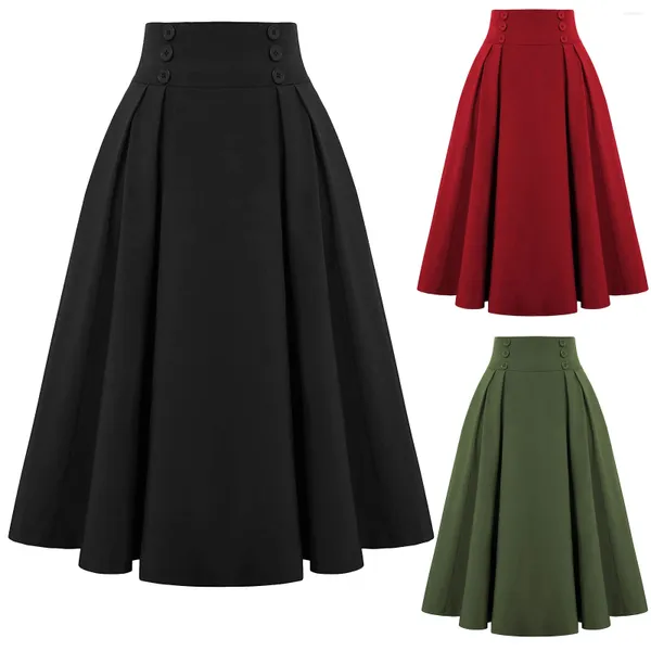 Jupes 2023 Couleur unie Vintage Mode Taille haute pour femmes Noir Rouge Jaune Vert Bouton d'été Jupe midi