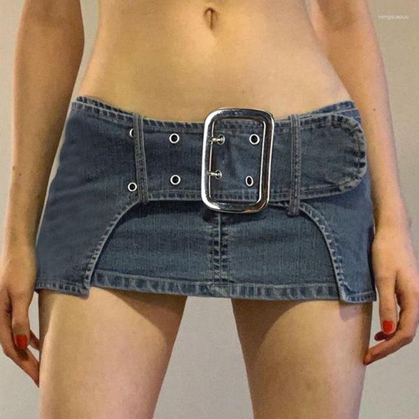 Faldas 2023 Spicy Girls personalizado cintura grande botón Denim Ultra corto envuelto cadera falda Jean Vintage