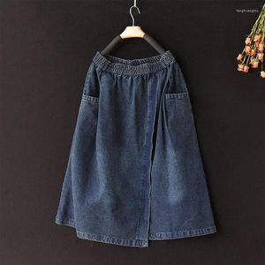 Rokken 2023 Lente Arts Stijl Vrouwen Elastische Taille Losse Knielange Asymmetrische Vintage Blauwe Katoenen Denim Rok P29