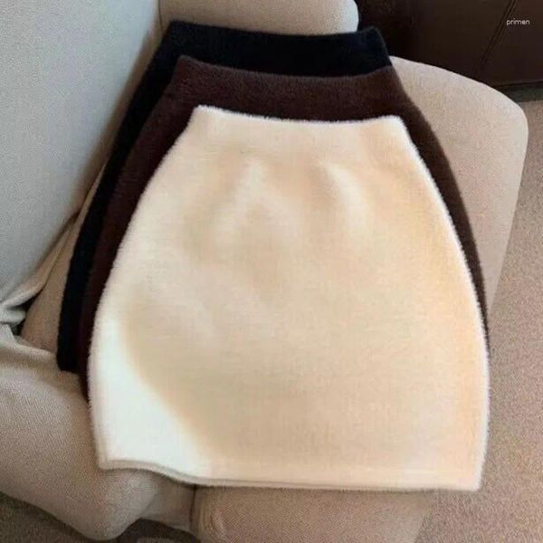 Faldas 2023 primavera Otoño Invierno elástico de cintura alta mujeres Mini falda de Color sólido señoras de punto ceñido al cuerpo femenino corto