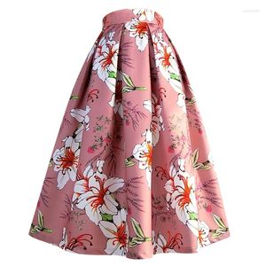 Jupes 2023 Printemps Élégants femmes mode Sweet Vintage haute taille rose floral imprimement esthétique Long Pêne de plein air plissée