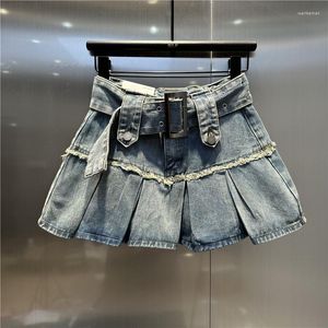 Rokken 2023 Lente Zomer Denim Plooirok Vrouwen Hoge Taille Slanke A-lijn Mini Q614