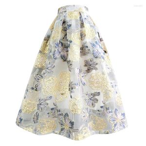 Faldas 2023 Primavera Verano ropa de mujer moda coreana Vintage elegante peonía dorada bordado Floral cintura alta falda larga hinchada