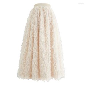 Jupes 2023 printemps été femmes vêtements coréen élégant Vintage Beige plume haute taille élastique longue jupe pour Club fête Po Shoot