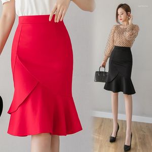 Rokken 2023 Leer vrouwen formele midi rok vrouwelijk elegant hoog taille pakket heup zwart/rood kantoor dame fishtail