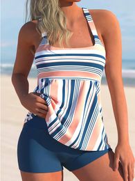 Jupes 2023 Stripe imprimé tankini de maillot de bain en deux pièces femmes se maillot de bain de sport féminin maillot de bain plage nage short d'été