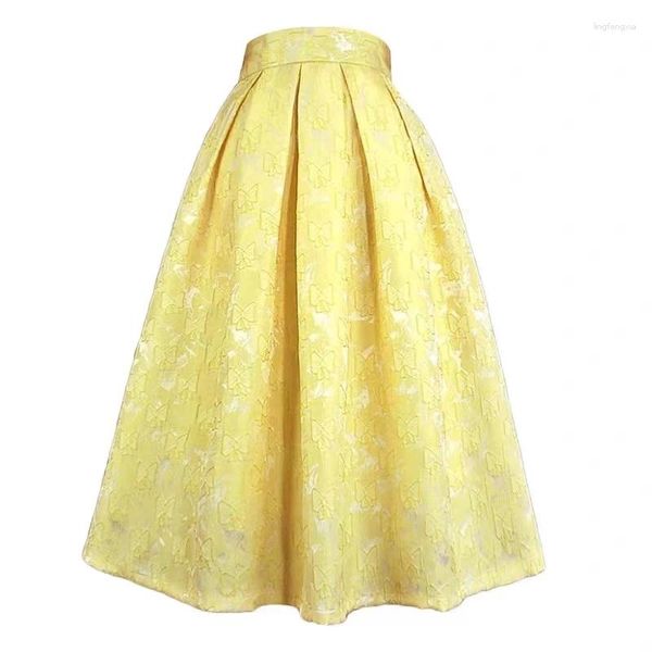 Faldas 2023 verano otoño estilo coreano ropa de mujer Vintage estética elegante lazo amarillo estampado Floral cintura alta largo Maxi falda 5XL