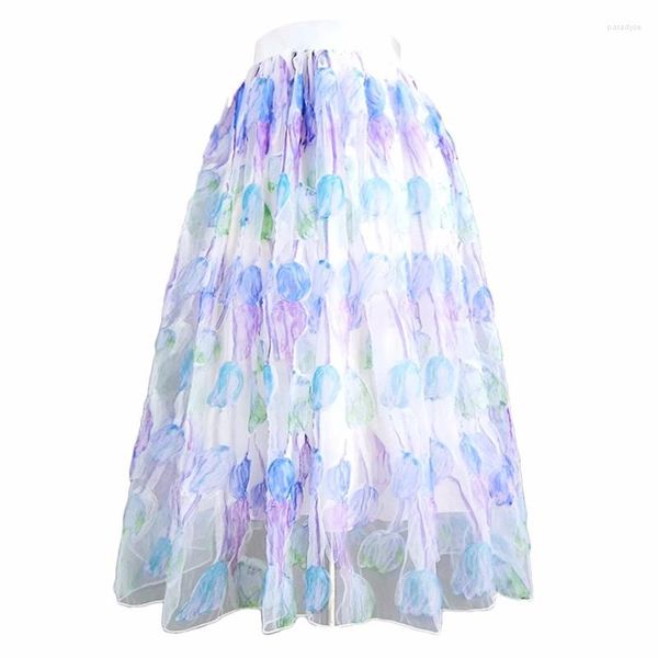 Jupes 2023 été femme Style coréen élégant princesse Cutecore Pastel plume broderie taille haute longue maille jupe Tulle pour la fête