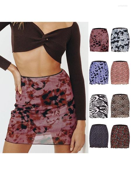 Faldas 2023 falda de verano para mujer con estampado Floral de malla ceñido al cuerpo de poliéster Mini corto elástico de cintura alta moda Casual gota