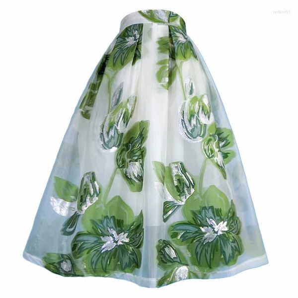 Faldas 2023 Summer elegante Mori Girl Vintage Estética elegante Corea Moda Long Green for Women Floral Bordery Organza