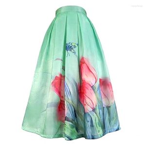 Jupes 2023 été tendance Hepburn Vintage esthétique sociale élégante femme vert papillons tulipes imprimer taille haute longue jupe plissée