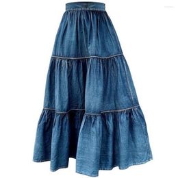 Faldas 2023 verano Vintage Smocked Denim vestido de fiesta falda mujer cintura elástica costura pastel largo