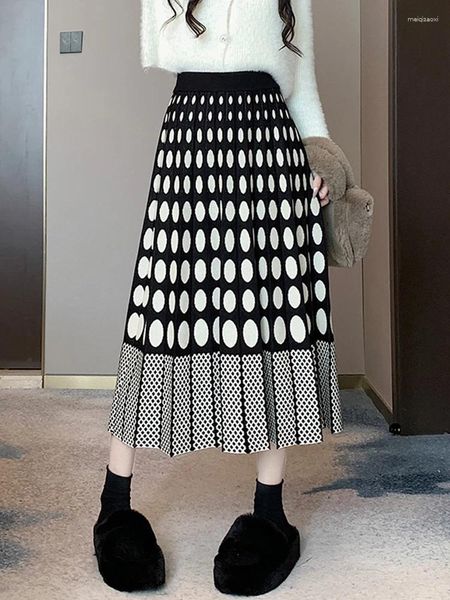 Jupes 2023 épais chaud tricoté pour les femmes automne hiver vintage à pois une ligne taille haute plissée midi jupe longue femme
