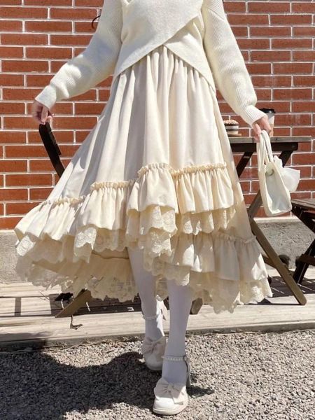 Faldas 2023 de encaje de invierno elegante falda suelta mujeres moda coreana Retro Midi mujer Casual fruncido Vintage Lolita diseñador