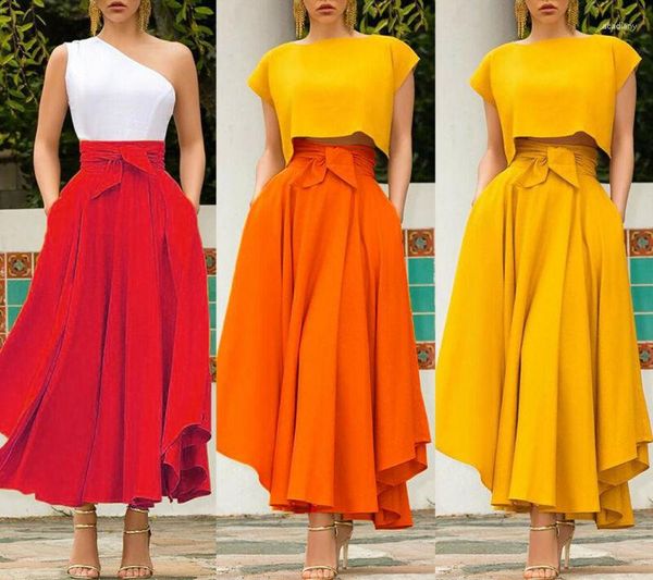 Jupes 2023 femmes couleur unie taille haute une ligne jupe mode mince nœud ceinture plissée longue Maxi rouge Orange jaune