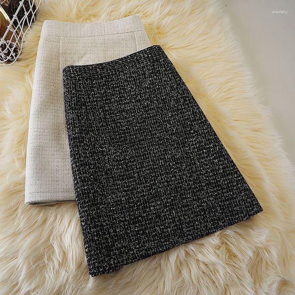 Faldas 2023 mujeres Otoño Invierno Tweed Mini mujer cintura alta A-line Wrap damas moda Casual lana O365