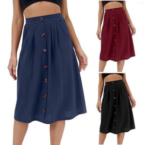 Jupes 2023 femmes décontracté coton lin Midi lâche volant cravate taille une ligne jupe avec poches tout assorti solide Boho