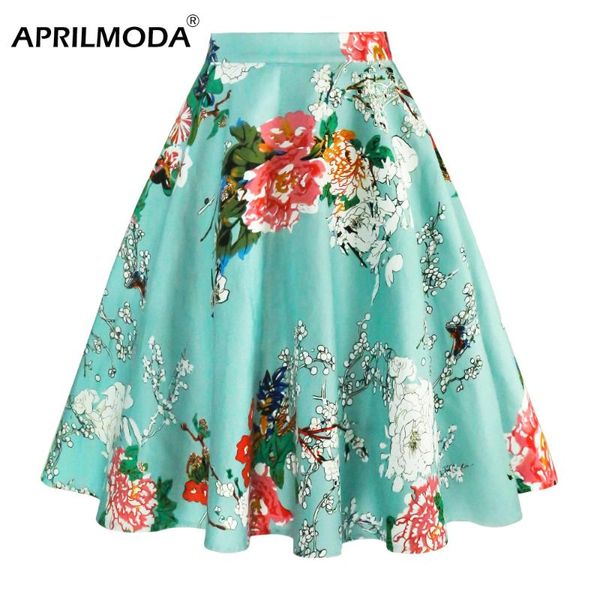 Jupes 2023 femmes Vintage jupe été Style 40 s 50 s Floral rétro a-ligne Pin Up coton grande balançoire taille haute courte école Midi