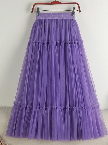 Faldas 2023 mujeres tutú falda larga de tul primavera verano coreano elegante sólido una línea de cintura alta plisada maxi mujer púrpura