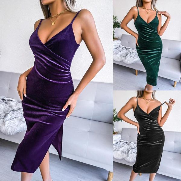 Jupes 2023 femmes velours Mini robes fendues Sexy mince col en V sans manches doux fente ourlet mode printemps été fête