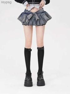 Jupes 2023 ruban japonais taille haute jupe en jean jupe plissée rétro Y2k fille chaude a-ligne hanche mini-jupe mode coréenne vêtements YQ240201