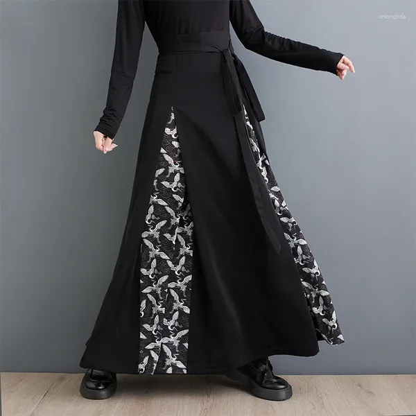 Faldas 2024 llegada estilo chino Patchwork cintura alta vendaje de una sola pieza tipo primavera negro moda mujer otoño falda Casual